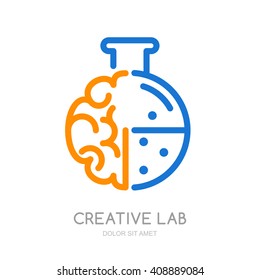 Vector logo, icon, symbol with brain and lab flask. Design concept for business solutions, education and science, development, creativity. Abstract outline illustration of brain. 