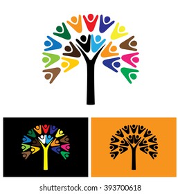 vector logo icon of tree with people. this can also represent teamwork, cooperation, togetherness, team, organization, employees, children