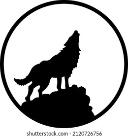 Vector logo icon wolf roaring on a black full moon in a cool black and white circle, perfect for logo designs, posters and computer icons as well as horror and spooky genres like vampires.