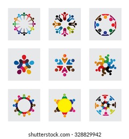 vector logo icons of people together - sign of unity, partnership, leadership, community, engagement, interaction, teamwork, team, children, kids, employees, meeting, playing, fun time