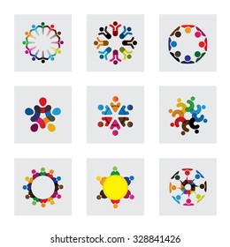 vector logo icons of people together - sign of unity, partnership, leadership, community, engagement, interaction, teamwork, team, children, kids, employees, meeting, playing, fun time