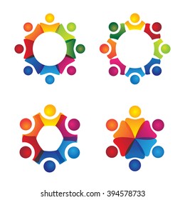 vector logo icons of people together - sign of unity, partnership, leadership, community, engagement, interaction, teamwork, team, children, kids, employees, meeting, playing, fun time