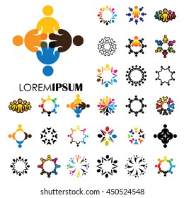 vector logo icons of people together - sign of unity, partnership. this also represents community, engagement & interaction, teamwork & team, children playing, kids fun, employees & staff, office, etc