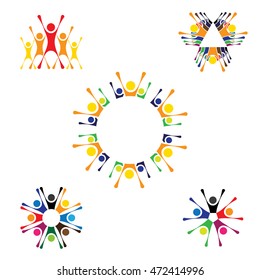 vector logo icons of people together - sign of unity, partnership. this also represents community, engagement & interaction, teamwork & team, children playing, kids fun, employees & staff, office, etc
