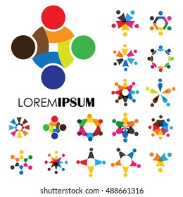 vector logo icons of people together - sign of unity, partnership. this also represents community, engagement & interaction, teamwork & team, children playing, kids fun, employees & staff, office, etc