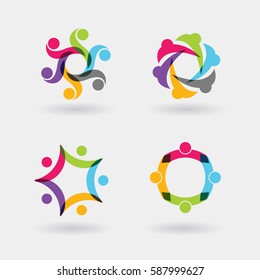 vector logo icons of people together - sign of unity, partnership. Also represents community, teamwork & team, children playing, engagement & interaction, kids fun, office, employees & staff