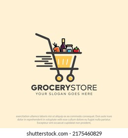 Vector logo idea for grocery store. Symbol design with fruits, vegetables and milk bottle in a shopping cart. Icon template.