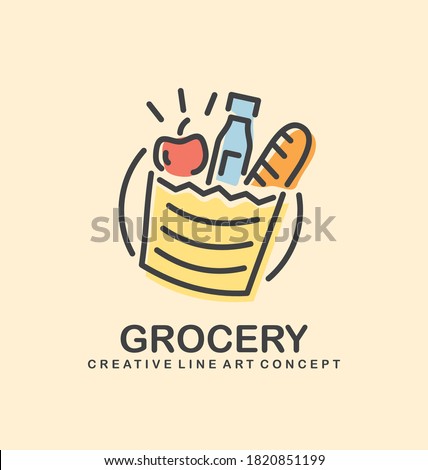 Vector logo idea for grocery store. Symbol design with fruits, bread and milk bottle in a shopping bag. Icon template.