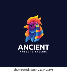 Vector Logo Illustration Ancient Rooster Gradient Colorful Style.