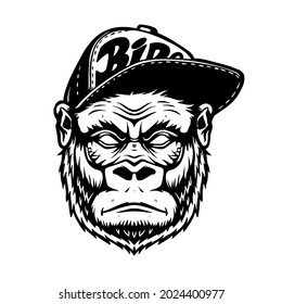 Vector logo illustration, angry, funny gorilla head in a baseball cap, isolated image, on a white background