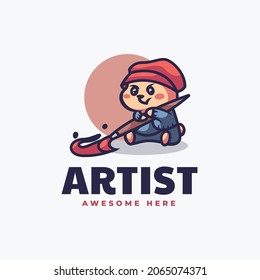 Vector Logo Illustration Artist Bear Mascot Cartoon Style.