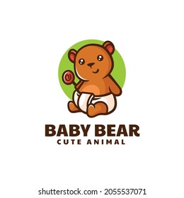 Vector Logo Illustration Baby Bear Simple Mascot Style.