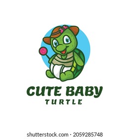 Vector Logo Illustration Baby Turtle Mascot Cartoon Style.