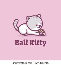 Vector Logo Illustration Ball Kitty Simple Mascot Style.