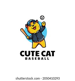 Vektorlogo Illustration Baseball Cat Mascot Cartoon Style.
