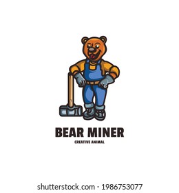 Vector Logo Illustration Bear Miner Mascot Cartoon Style.