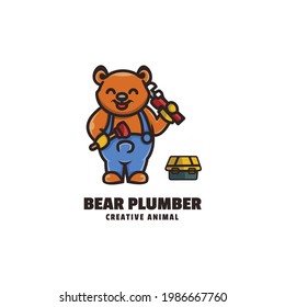 Vector Logo Illustration Bear Plumber Mascot Cartoon Style.