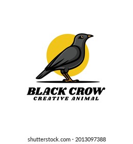 Vector Logo Illustration Black Crow Simple Mascot Style.