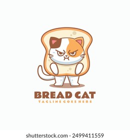 Vector Logo Illustration Bread Cat Simple Mascot Style.