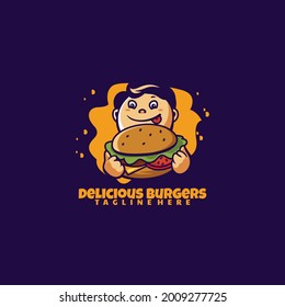 Vector Logo Illustration Burger Boy Mascot Cartoon Style.
