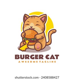 Vector Logo Illustration Burger Cat Mascot Cartoon Style.