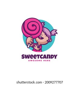 Vector Logo Illustration Candy Girl Mascot Cartoon Style.