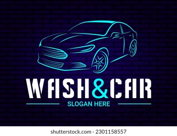 Vector logo illustration for a car wash with a car and text on a blue brick wall.