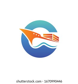 vector logo illustration for cargo ship. perfect for logistic or shipping industry. blue and orange color gradient style