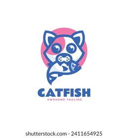 Vector Logo Illustration Cat Fish Simple Mascot Style.