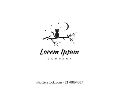 vector logo illustration of a cat sitting on a tree branch at night under the moon and stars