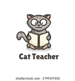 Vector Logo Illustration Cat Teacher Simple Mascot Style.