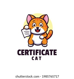 Vector Logo Illustration Certificate Cat Mascot Cartoon Style.