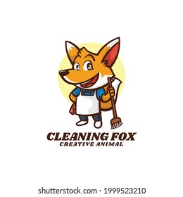 Vector Logo Illustration Cleaning Fox Mascot Cartoon Style.