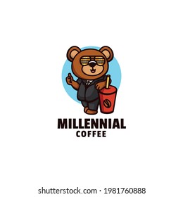 Vector Logo Illustration Coffee Bear Mascot Cartoon Style.