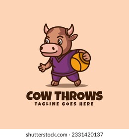 Vector Logo Illustration Cow Throws Mascot Cartoon Style.