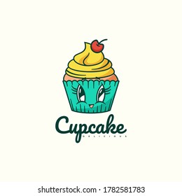 Vector Logo Illustration Cup Cake Simple Mascot Style.