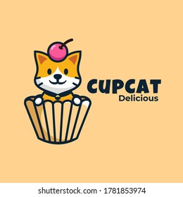 Vector Logo Illustration Cup Cat Simple Mascot Style.