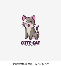Vector Logo Illustration Cute Cat Simple Mascot Style.