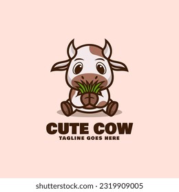 Vector Logo Illustration Cute Cow Mascot Cartoon Style.