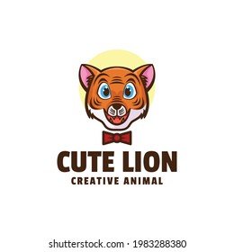Vector Logo Illustration Cute Lion Mascot Cartoon Style.
