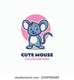 Vector Logo Illustration Cute Mouse Mascot Cartoon Style.