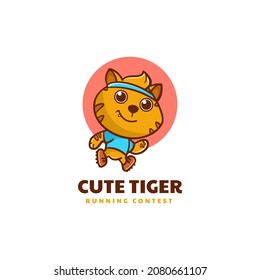 Vector Logo Illustration Cute Tiger Mascot Cartoon Style.
