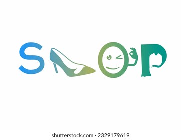 vector logo illustration design, "shop"gradation color blue green with shoes and clothes icon