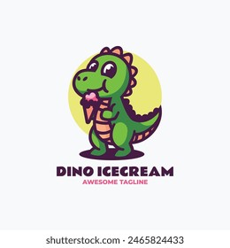 Vector Logo Illustration Dino Ice Cream Mascot Cartoon Style.