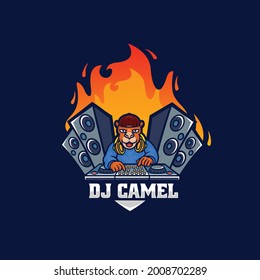 Vector Logo Illustration DJ Camel Mascot Cartoon Style.