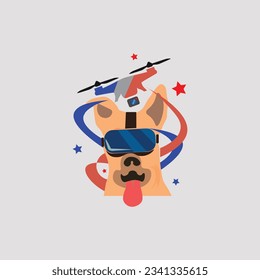 VECTOR LOGO ILLUSTRATION OF A DOG USING VR CONTROLLING A DRONE