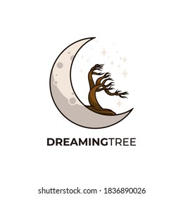 Vector Logo Illustration Dreaming Tree Land Scape Vintage Badge Style.