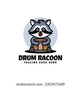 Vector Logo Illustration Drum Raccoon Mascot Cartoon Style.