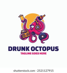 Vector Logo Illustration Drunk Octopus Mascot Cartoon Style