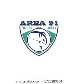 Vector logo illustration of fish silhouette with text and shield isolated on white background suit for sport logo, fishing club logo, company identity, etc